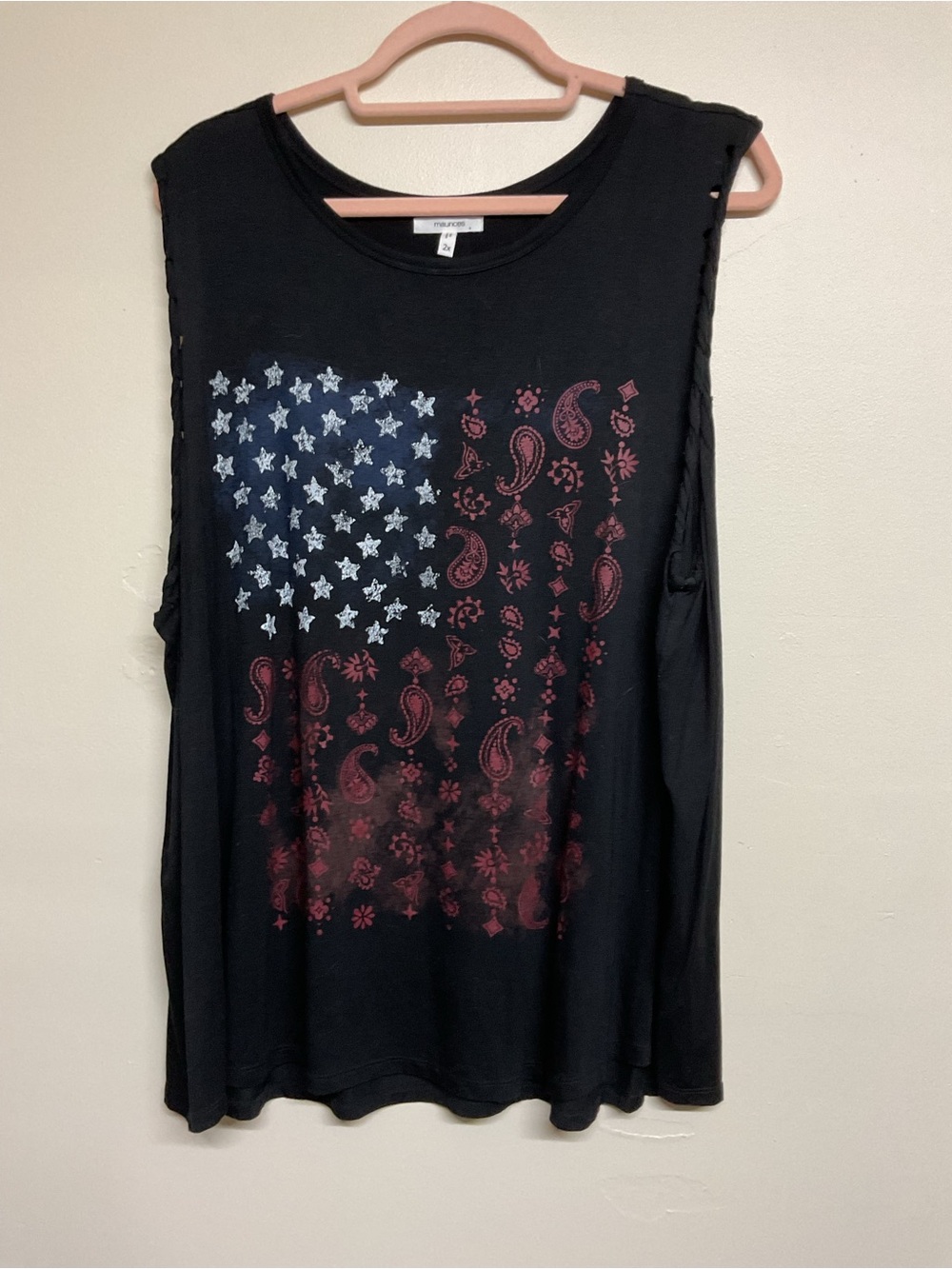 Maurices Black Muscle Tank with Red and White Paisley Flag Print
